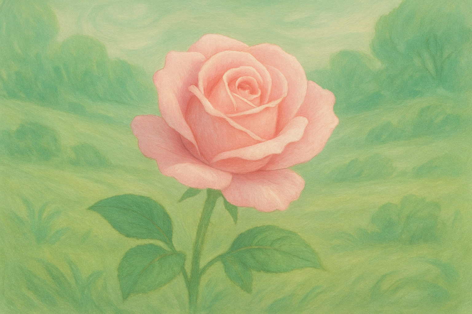 A Baby pink rose beautifully illustrated within a calming serene green scenery , animated and textured in style