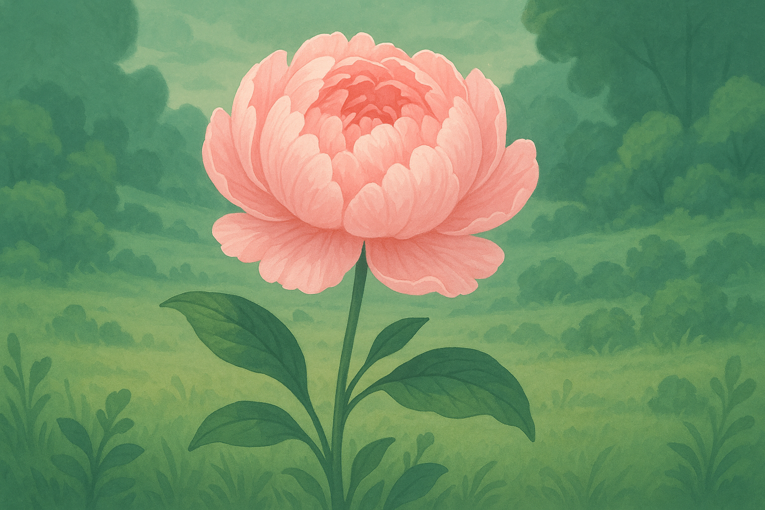A beautifully illustrated baby pink peony textured and animation in style in a calming green scenery