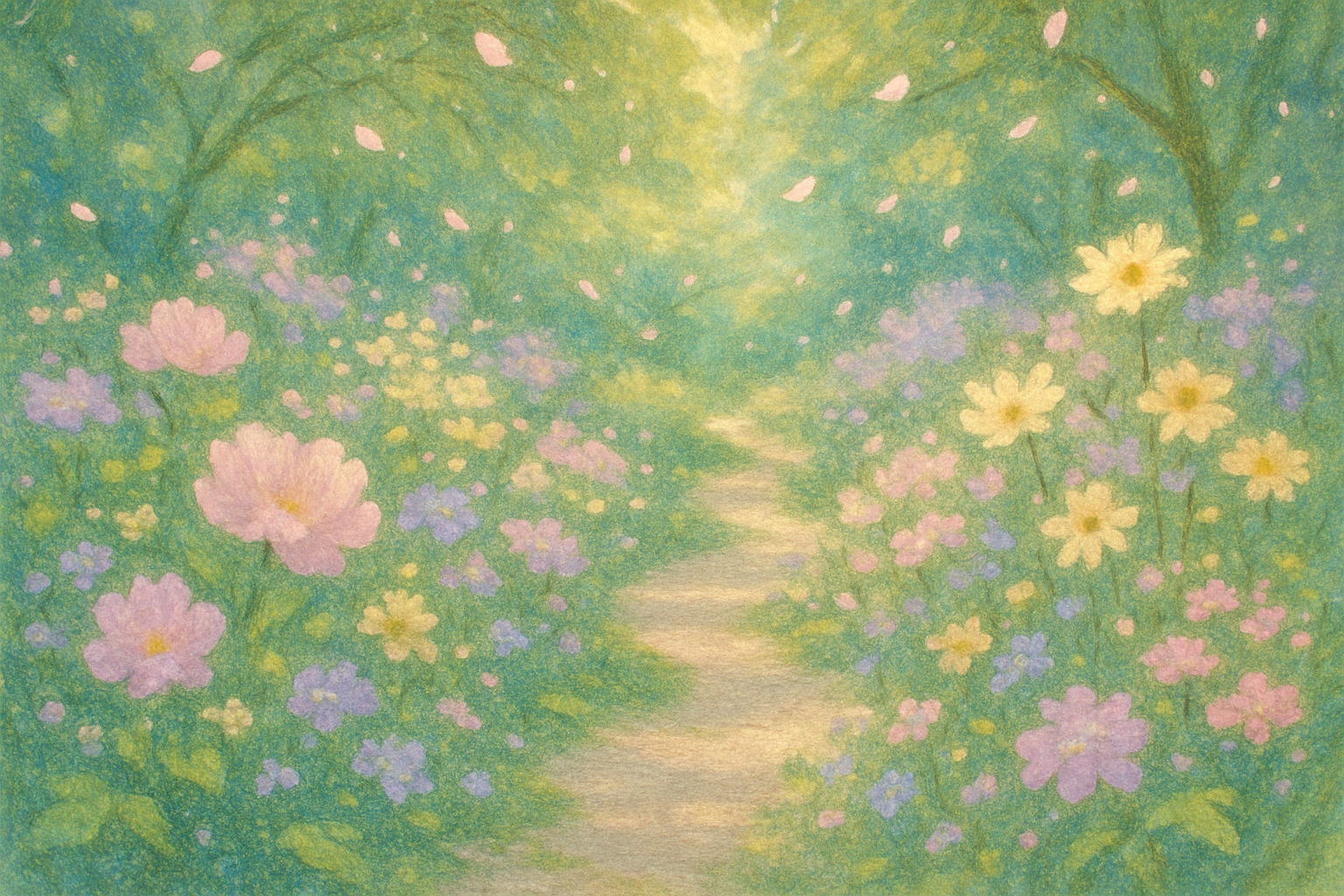 Mesmerizing Garden with calming scenery and beautiful flowers illustrated textured animation serene vibes